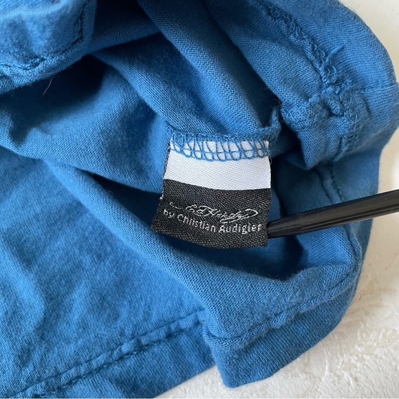 Ed Hardy Skull Rose Blue Tee Rhinestone by Christian Audigier Size M - Picture 9 of 11